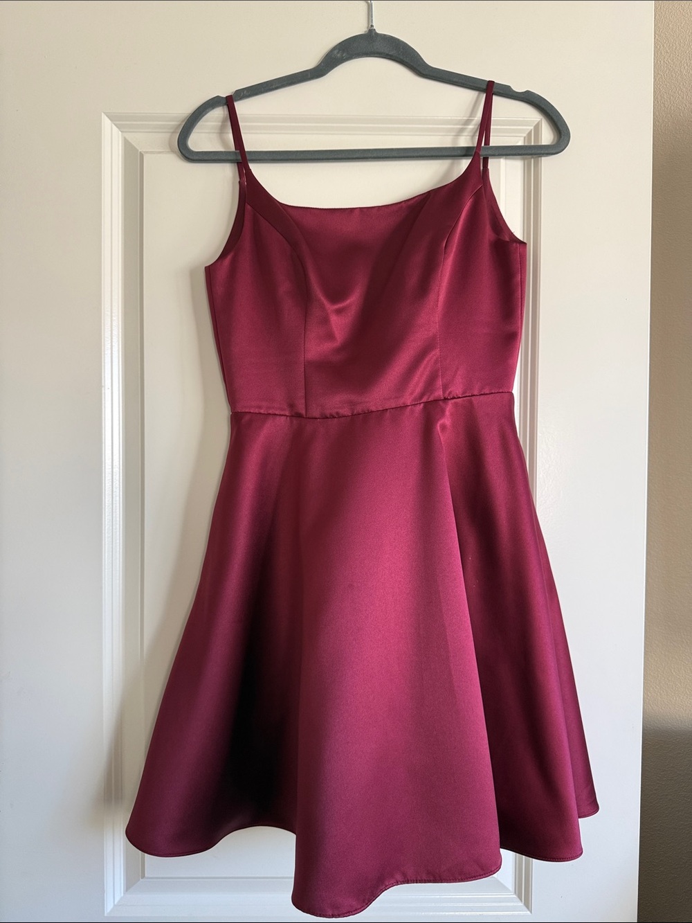 Satin Spaghetti Strap Fit-and-Flare Dress in Deep Wine